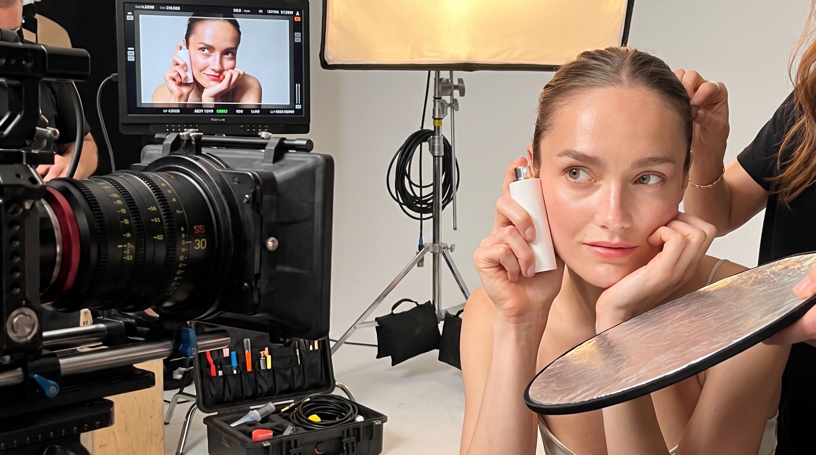 A heavy studio setup — camera, crew, lights and logistics for a single product shot